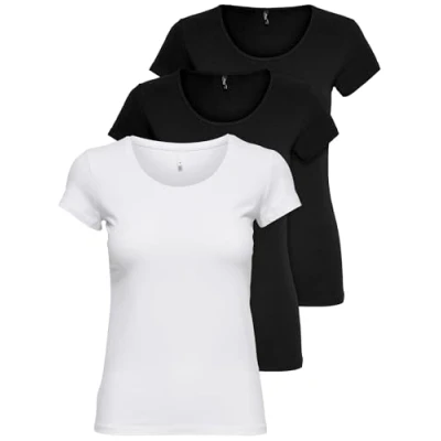Imagen de ONLY 15209153 Paquete de 3 camisetas para mujer, color negro o blanco, básicas manga larga en las tallas XS, S, M, L, XL, Color: 1, XL