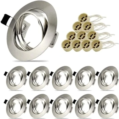 Imagen de 10x marco Foco Empotrable GU10, de montaje en acero inoxidable cepillado, luminaria empotrada con diámetro agujero 68 mm, incl. casquillo GU10 para bombillas LED o halógenas, orientable