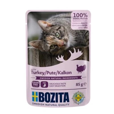 Imagen de BOZITA Comida húmeda para canapés en Salsa con Pavo, 12 x 85 g, Bolsa porciones sin Cereales Gatos Adultos