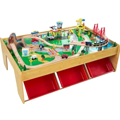 Imagen de KidKraft Juego de Tren y Mesa Madera Waterfall Mountain con Cajas Almacenamiento, Circuito ferroviarias Coches, helicóptero avión Juguete niños 3+ años (17850)
