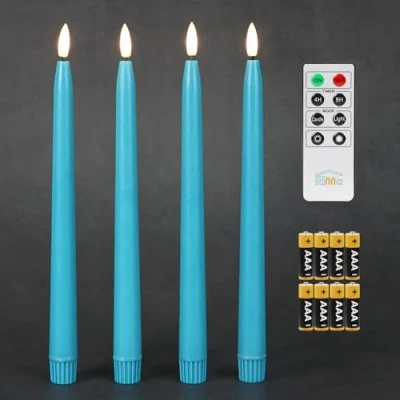 Imagen de Fanna 4 Velas cónicas Led azules sin llama con temporizador, Turquesa a pilas para candelabros, acabado de cera real, Mando distancia y incluidas, Altura 28cm