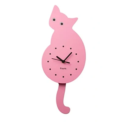 Imagen de Fisura Reloj de Gato Rosa con Cola. Pared Original. silencioso 46 x 8 centímetros. Madera y ABS. 1 Pila AA (no incluida)
