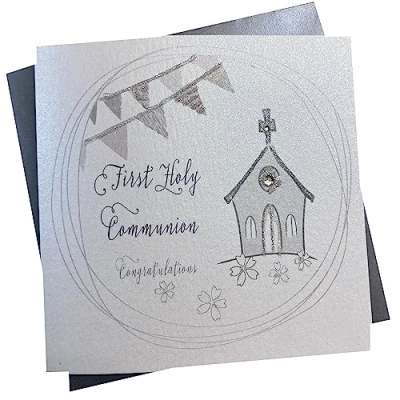 Imagen de WHITE COTTON CARDS Tarjeta Hecha a Mano con Texto en inglés First Holy Communion Congratulations, Color Plateado, PD67, Blanco, 16cm x 16xm