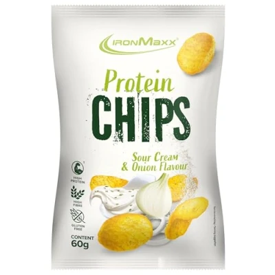 Imagen de IronMaxx Patatas fritas ricas en proteínas Crema agria y cebolla Bolsa de 60 g Bajo azúcar sin gluten Alto contenido a base patata