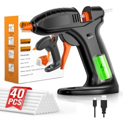 Imagen de BURNNOVE Pistola Silicona Caliente Inalámbrica Profesional 3000mAh, de Pegamento con 40pcs Barras, Calentamiento Rápido, Manualidades Para Bricolaje, Ideal la Escuela Arte