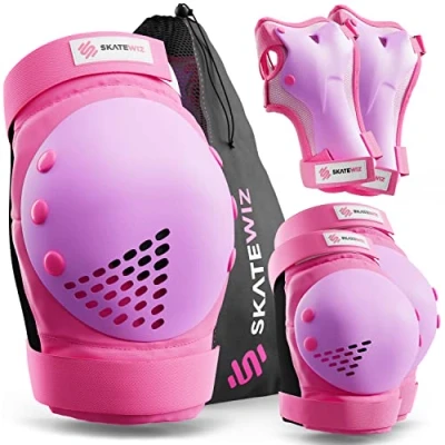 Imagen de SKATEWIZ Protecciones Patines niña Skate niño Rodilleras y Coderas Protectores de Rodillas para Patinaje Smash Talla S Rosa Púrpura