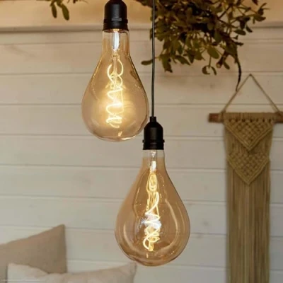 Imagen de Hellum LED lámpara colgante de exterior, bombilla con mando a distancia juego 2, dorada pila, retro regulable temporizador y pila A100 Ø10x20cm 151367