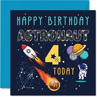 Imagen de Stuff4 tarjeta de 4º cumpleaños para niño, astronauta espacial Cosmos, feliz niños 4 años, tarjetas felicitación 145 mm hijo, hija, sobrino, nieto