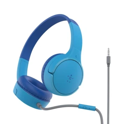 Imagen de Belkin Auriculares supraaurales SoundForm Mini para niños, Cascos externos con micrófono, enseñanza Virtual, Colegio, Viajar, Jugar, Dispositivos compatibles Puerto de 3,5 mm, Azul