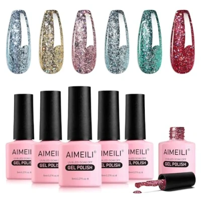 Imagen de AIMEILI Esmaltes Semipermanentes para Uñas en Gel UV LED, Kit de Pintauñas Permanente Soak Off 6 Colores 8ml Set 56