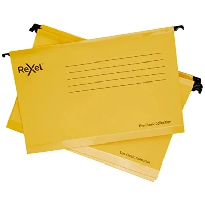 Imagen de Rexel Classic 2115593 Archivadores colgantes reforzados para archivadores, base en V de 15 mm, cartón 100% reciclado, color amarillo, 25 unidades