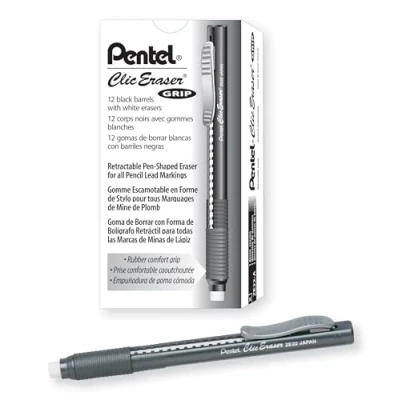 Imagen de Pentel ZE22A, goma de borrar Clic, retráctil, barril negro, caja 12