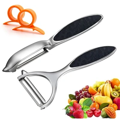 Imagen de Leaflai Pelador de Patatas Verduras, Mango Ergonómico y Antideslizante, Hoja Afilada Acero Inoxidable en Forma e I, Giratorio para Pelar Papas, Zanahorias Todo Tipo