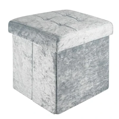 Imagen de INTIRILIFE Otomana Plegable 38x38x38 cm en Terciopelo Azul Gris Asiento Cubo con Espacio de Almacenamiento y tapizado Funda reposapiés Cofre