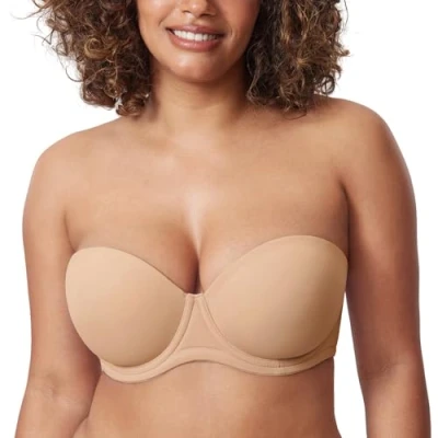 Imagen de DELIMIRA Sujetador sin Tirantes con Aros Tallas Grandes Invisible Multiposicion para Mujer Beige Cálido 110F