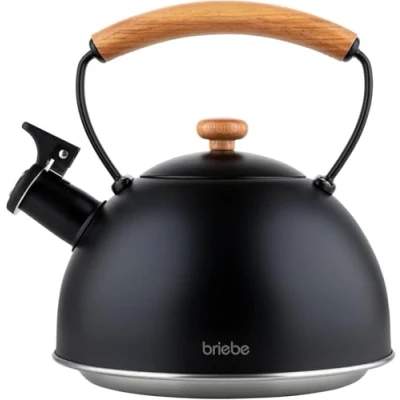 Imagen de briebe Nordic Tetera Inducción Silbante 2,3L, Infusiones, Hervidor de Agua Acero Inoxidable, Todo Tipo Cocinas, Vitrocerámica, Gas, Mango Madera Tacto Frío, Tea Pot, Negro
