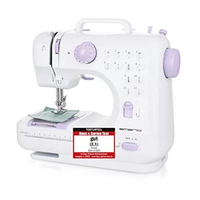 Imagen de Emerio Máquina de coser para niños y principiantes, SEW 121820, 12 patrones puntadas, mini con pedal, alimentación batería, hogar, luz LED, automático hacia delante atrás, blanco/rosa