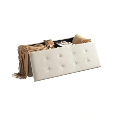 Imagen de WOLTU Puff Baúl Plegable Rectángulo Taburete para Almacenamiento Otomanos Caja de Almacenaje con Tapa Reposapiés Sofá 110x37,5x38cm Terciopelo Material Madera Crema SH73cm