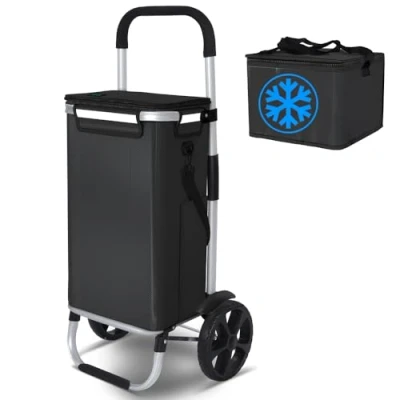 Imagen de VOUNOT Carrito Compra Plegable de Aluminio 2 Ruedas, Carro la 3 en 1 con Bolsa Impermeable Desmontable y Isotérmica Individual, Compras Rodante Guardabarros, 50L, Negro