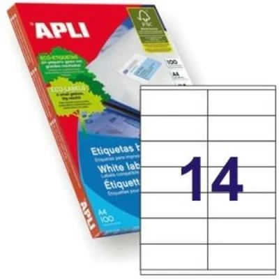 Imagen de APLI 1275 Etiquetas blancas permanentes adhesivas imprimibles, Inkjet Laser Copy, tamaño etiqueta 105 x 40 mm, cantos rectos, pack de 100 hojas A4 (1400 etiquetas) , ideal para sobres