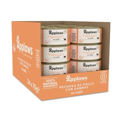 Imagen de Applaws 100 % Natural Comida húmeda para Gatos Adultos, pechuga de Pollo con gamba en Caldo, 24 x 70 g latas