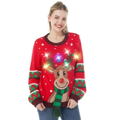Imagen de JOYIN Suéter feo de Navidad con luces LED para mujer, diseño reno y bombillas integradas, Rojo , S