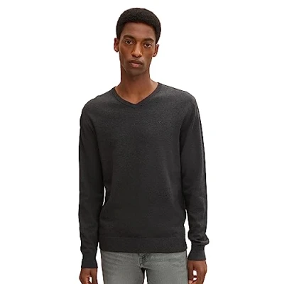 Imagen de TOM TAILOR 202212 Strickpullover V Ausschnitt Jersey básico para Hombre, Negro (10617 Black Grey Melange), S