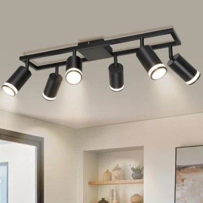 Imagen de Dehobo Lámpara de Techo 6 Focos Giratorios GU10, Pared Interior LED Negro Orientables, Foco para Iluminación Dormitorio Pasillo Cocina Comedor, Sin Bombilla