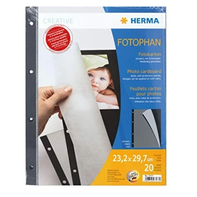 Imagen de HERMA 7577 Cartulinas para fotos (232 x 297 mm, 230 g/m², 20 hojas con papel de pergamino estructurado, se pueden configurar por ambos lados), color negro