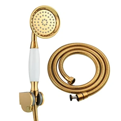 Imagen de CIENCIA Alcachofa de ducha latón alta presión, 1/2 pulgadas, color dorado, con manguera y soporte BS126F