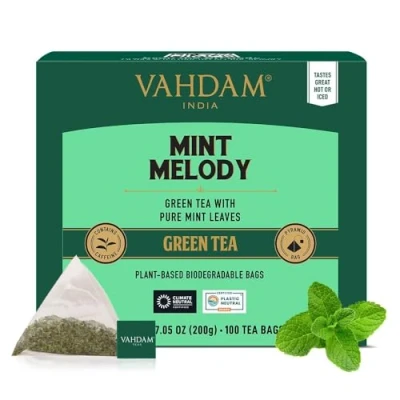 Imagen de VAHDAM, Mint Melody Té Verde (100 Piramidales Bolsitas De Té) 100% Natural Menta Y Hojas Envasado Fresco En La India Caliente, Frío O Como Kombucha