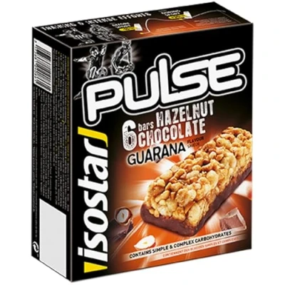 Imagen de Isostar Barritas Pulse, de avellana con chocolate energéticas hidratos carbono utilización rápida y progresiva, guaraná alto contenido en vitaminas, 6x23g