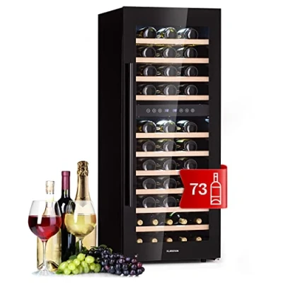 Imagen de Klarstein Vinoteca 73 Botellas, Nevera Vinos Doble Refrigeración, Expositora Vino y Cerveza, Pequeña Interior Exterior Puerta Cristal, Protección UV, Panel Táctil, 5 18C