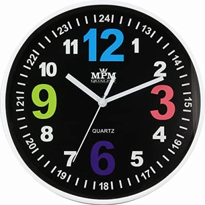 Imagen de MPM Quality Design Reloj de Pared Infantil plástico con números Colores llamativos, Esfera Negra, Barrido Cuarzo, Colorido Infantil, diámetro 200 x 34 mm, Ideal para habitación