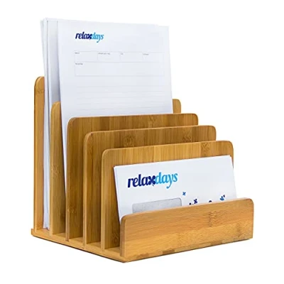 Imagen de Relaxdays Bandeja Documentos Bambú, 5 Espacios, Portafolios, Carpetas, Cartas, Aprox. 23 x 24,5 20,5cm, Marrón Natural