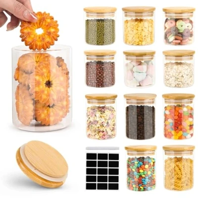 Imagen de Cinnani 12 Botes de Cristal Cocina con Tapa Bambu,Botes Almacenaje,Tarros Tapa,Botes Almacenaje para Almacenar Espaguetis, Pasta, Harina