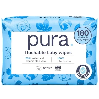 Imagen de Pura Toallitas Desechables WC Para Bebés, 180 (3 x 60 Toallitas), 100% Húmedas Libres de Plástico, 99% Agua, Piel Sensible, Biodegradables, Algodón Orgánico