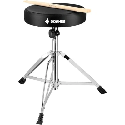 Imagen de Taburete de batería con Baquetas Madera Arce, Donner, Altura Ajustable 48 58 cm para electrónica, batería, Carga máxima 90 kg
