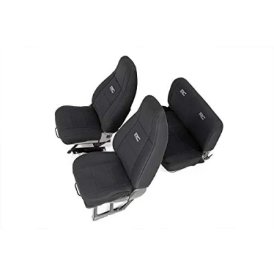 Imagen de Rough Country Fundas de Asiento Neopreno Delantero/Trasero, Color Negro, se Adapta a Jeep Wrangler YJ 1991 1995, Ajuste Personalizado, Resistente al Agua 91009