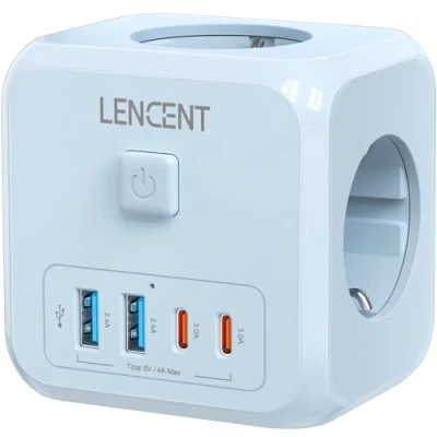 Imagen de LENCENT Cubo Enchufe USB 7 en 1, Ladron Enchufes 4000W, Múltiples Pared con 3 Tomas de CA, 2 A, Tipo C y Interruptor, Cargador para Oficina, Cocina Habitación, Azul