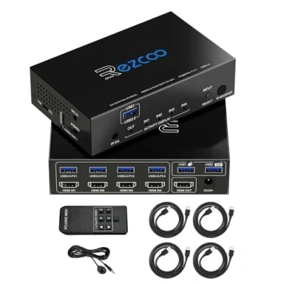 Imagen de ROFAVEZCO Conmutador KVM USB 3.0 HDMI de 4 Puertos en 1 Salida 4K 60 Hz Salidas SPDIF 5.1 Audio Mouse/Teclado/Wireless para PC, Printer, escáner, Windows, Linux,