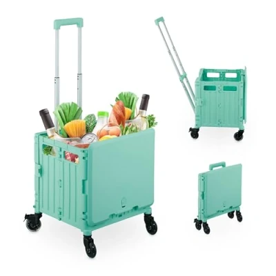 Imagen de Relaxdays Carrito de Compra Plegable, Carro con Ruedas Giratorias, para 35 kg, Caja Mango Telescópico y Tapa, Turquesa, 101 x 43 44 cm