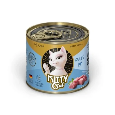 Imagen de Kitty Cat Paté Becerro 6 x 200 g Comida húmeda para Gatos sin Cereales con taurina, Aceite de salmón y mejillón Labios Verdes, pienso Completo Alto Porcentaje Carne, Fabricado en Alemania
