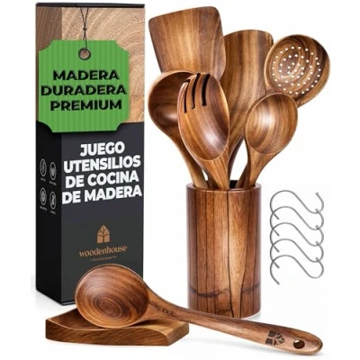 Imagen de Utensilios de Cocina Madera [8 pzas] con Reposa Cucharas, Bote y Ganchos para Colgar. 100% Natural Cucharas Madera. Espátulas Cucharones Sartenes Antiadherentes.