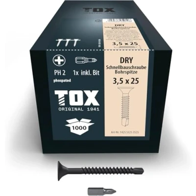 Imagen de TOX Tornillos para tabiquería seca DRY BS 3,5 x 25 mm con punta de broca, magazinados instalación destornillador cargador, 1000 piezas en una caja, 142553253525