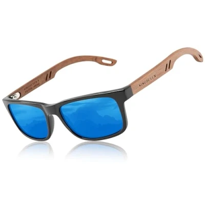 Imagen de KINGSEVEN Gafas de sol madera para hombre y mujer, unisex, hechas a mano, polarizadas con patillas nogal, protección UV400, cristales espejo modernos, color azul, azul