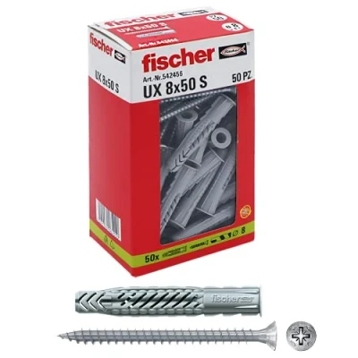 Imagen de fischer 50 Tacos UX con Tornillo, Pared Completa, ladrillo Perforado, cartón Yeso, 542456, Gris, 8 x mm vite, Set Piezas