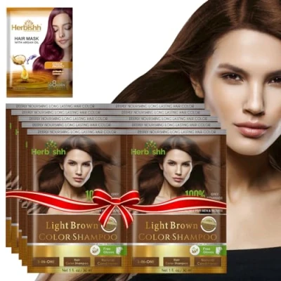 Imagen de Herbishh Champú para teñir el pelo con máscara de argán, tamaño viaje, colores en minutos, color larga duración, 10 unidades + 1 paquete, sin amoniaco (Light Brown)