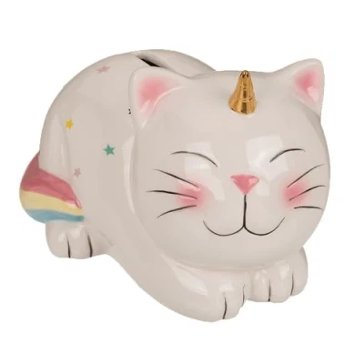 Imagen de Dekohelden24 Hucha de cerámica con diseño Gato Unicornio para Gatos Caja Ahorro, tamaño L/B/H: Aprox. 17 x 12 cm, Color Blanco y Multicolor
