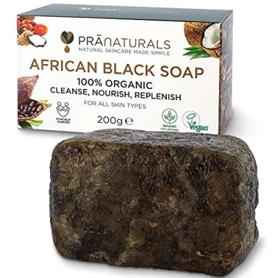 Imagen de PraNaturals Jabón Negro Africano 200g, Orgánico y Vegano para Todo Tipo de Pieles, Origen Artesanal en Ghana Tropical